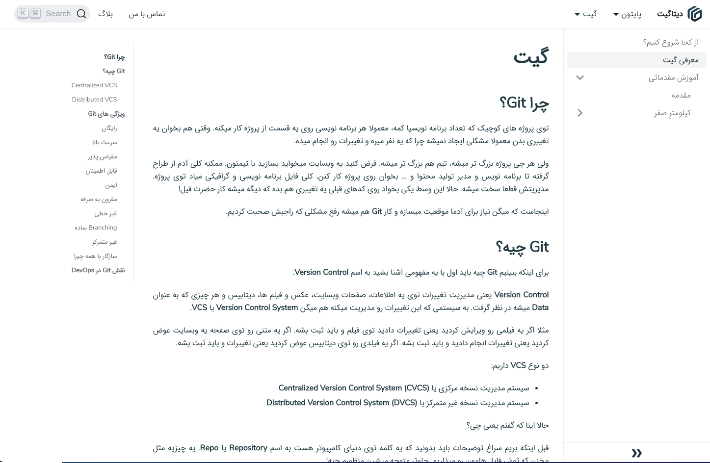 Datagit's website in Persian, a right-to-left language. The sidebar appears on the right of the window and the TOC appears on the left.